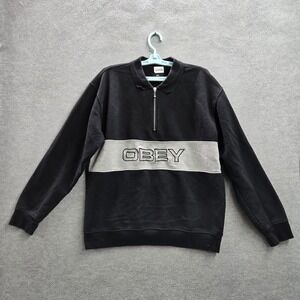 OBEY Men Sweatshirt M Black Chest Text Embroidery Colorblock Fleece 1/4 Zip Logo